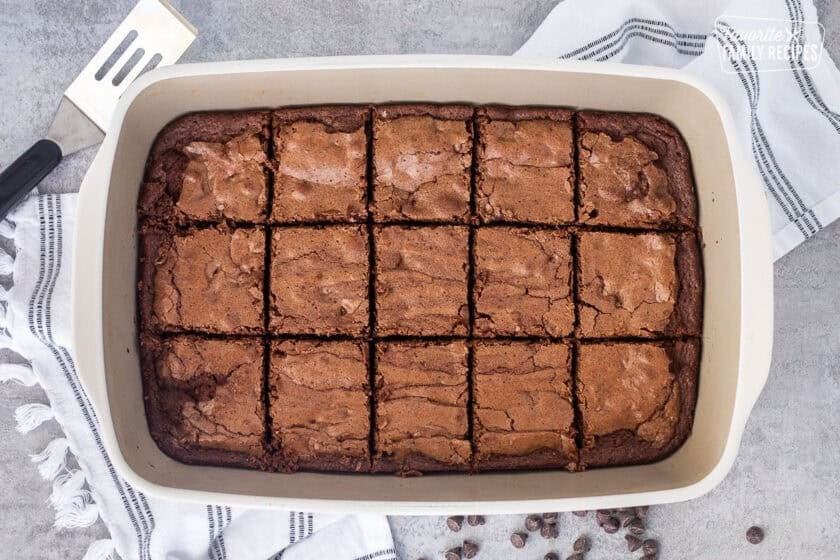 Baking dish with cut homemade brownies.