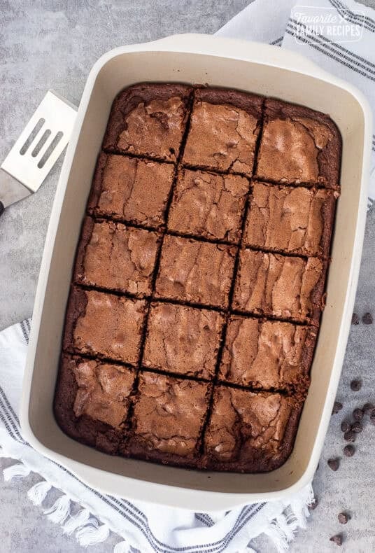 Baking dish with cut homemade brownies.