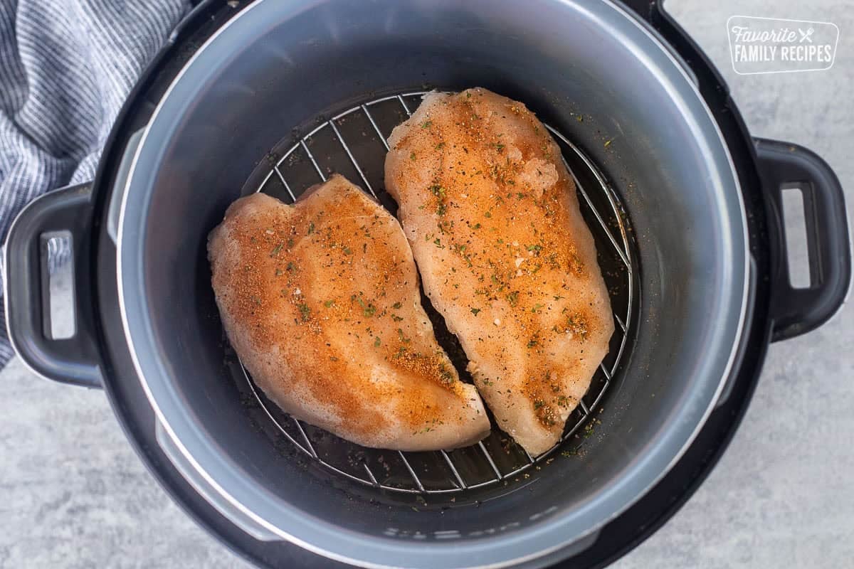 Two frozen chicken breasts with seasoning on top of an instant pot trivet.
