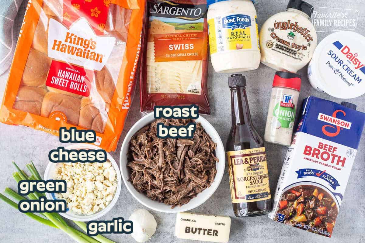 Ingredients needed to make roast beef sliders: roast beef, Hawaiian rolls, Swiss cheese, butter, and cheese sauce ingredients.