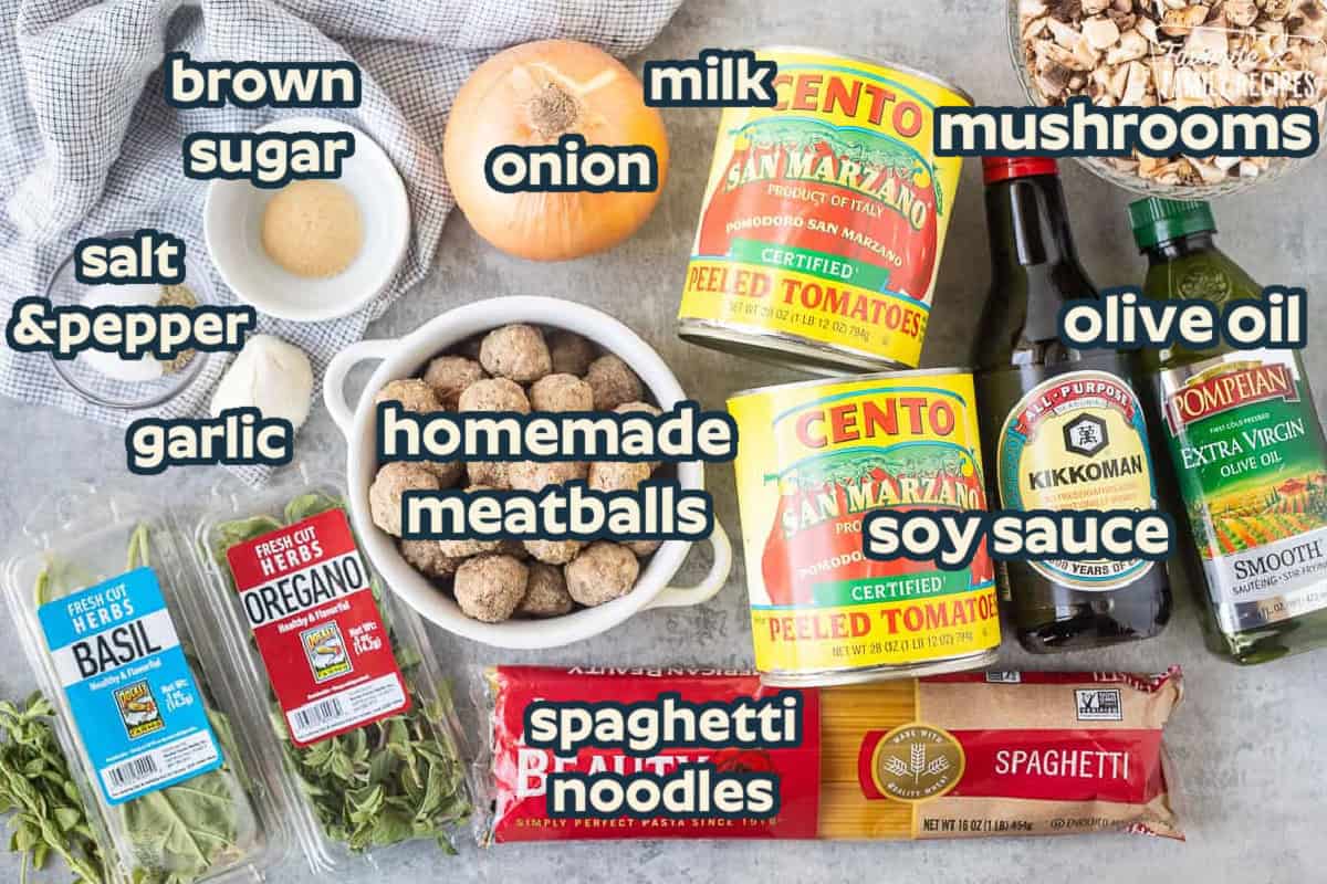 Ingredients to make Spaghetti and Meatballs including peeled tomatoes, soy sauce, olive oil, mushroom, meatballs, onions, brown sugar, salt, pepper, garlic, oregano, basil and spaghetti pasta.