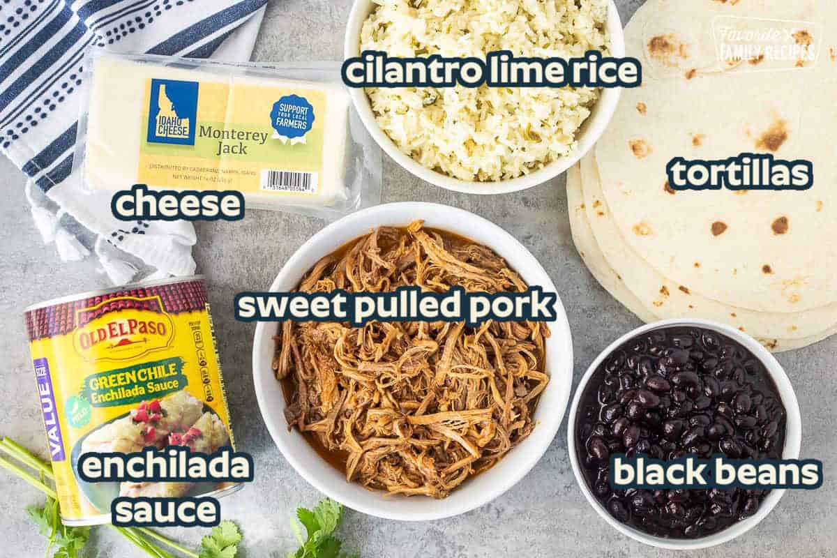 Ingredients to make Sweet Pork enchiladas including tortillas, black beans, sweet pork, cilantro lime rice, Monterey Jack and green enchilada sauce.