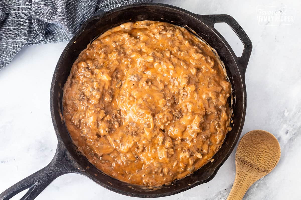 Beefaroni mixture in a skillet.