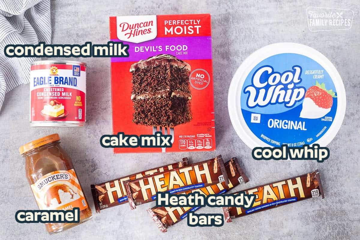 Ingredients to make Better Than Sex Cake including cool whip, health bars, devils food cake, sweetened condensed milk, caramel sauce.
