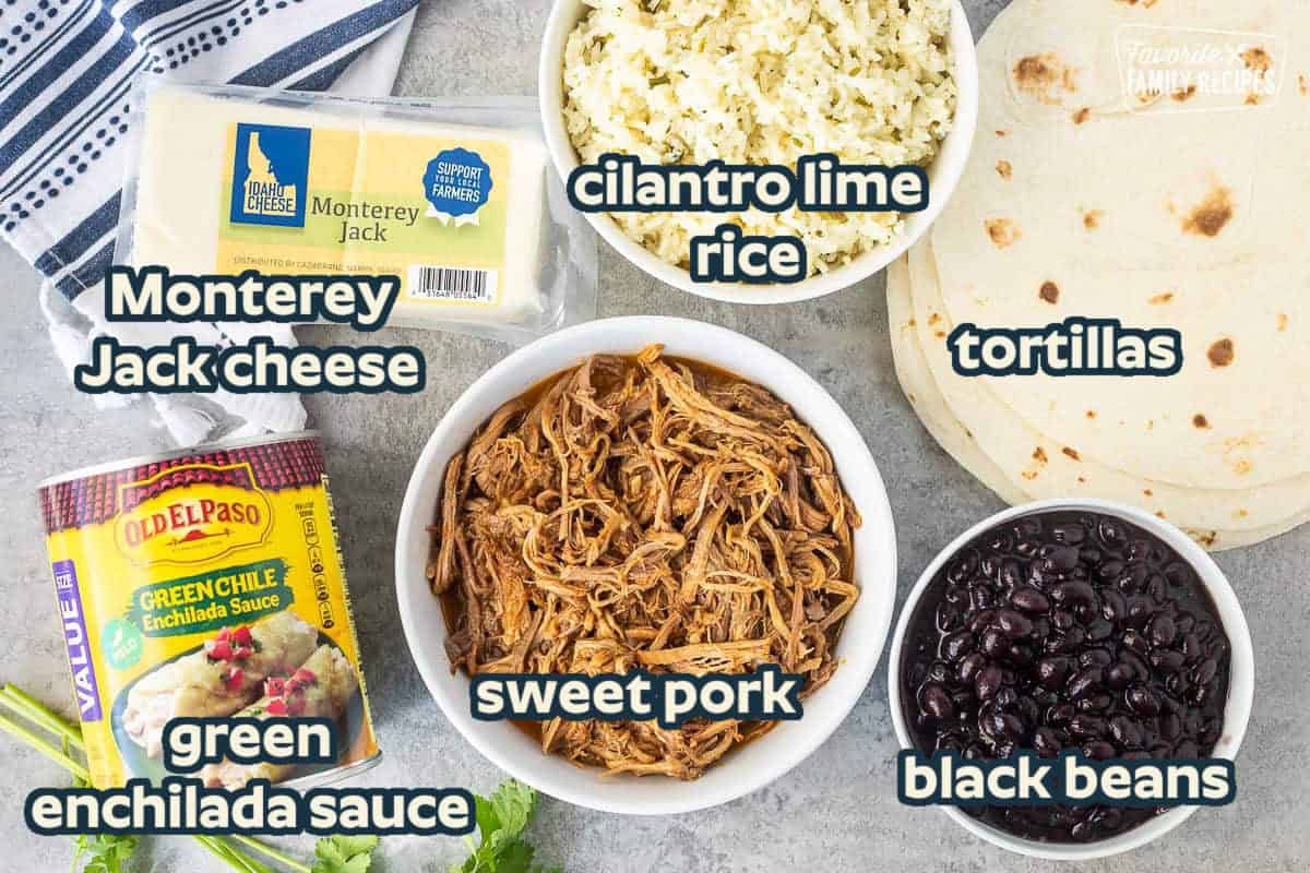 Ingredients to make Sweet Pork enchiladas including tortillas, black beans, sweet pork, cilantro lime rice, Monterey Jack and green enchilada sauce.