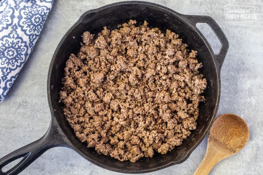 Skillet of browned ground beef for tacos.