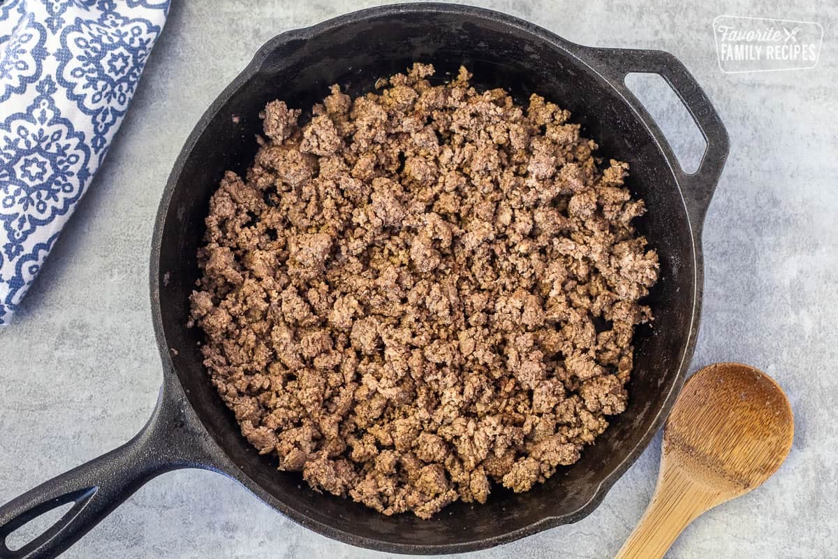Skillet of browned ground beef for tacos.