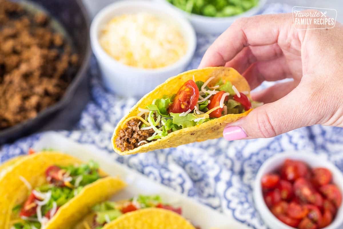 Hand holding a ground beef taco in a crunchy taco shell with lettuce, cheese and tomatoes.