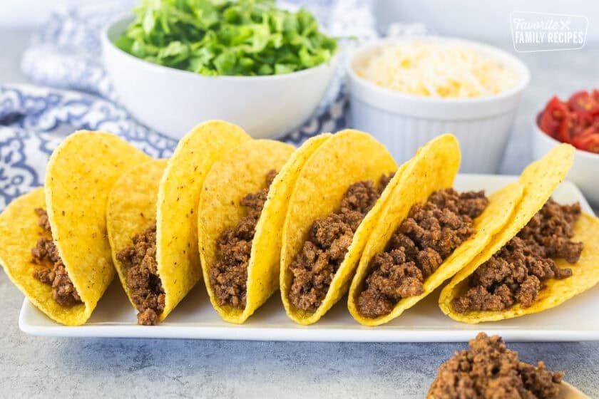 Crunchy taco shells with seasoned ground beef.
