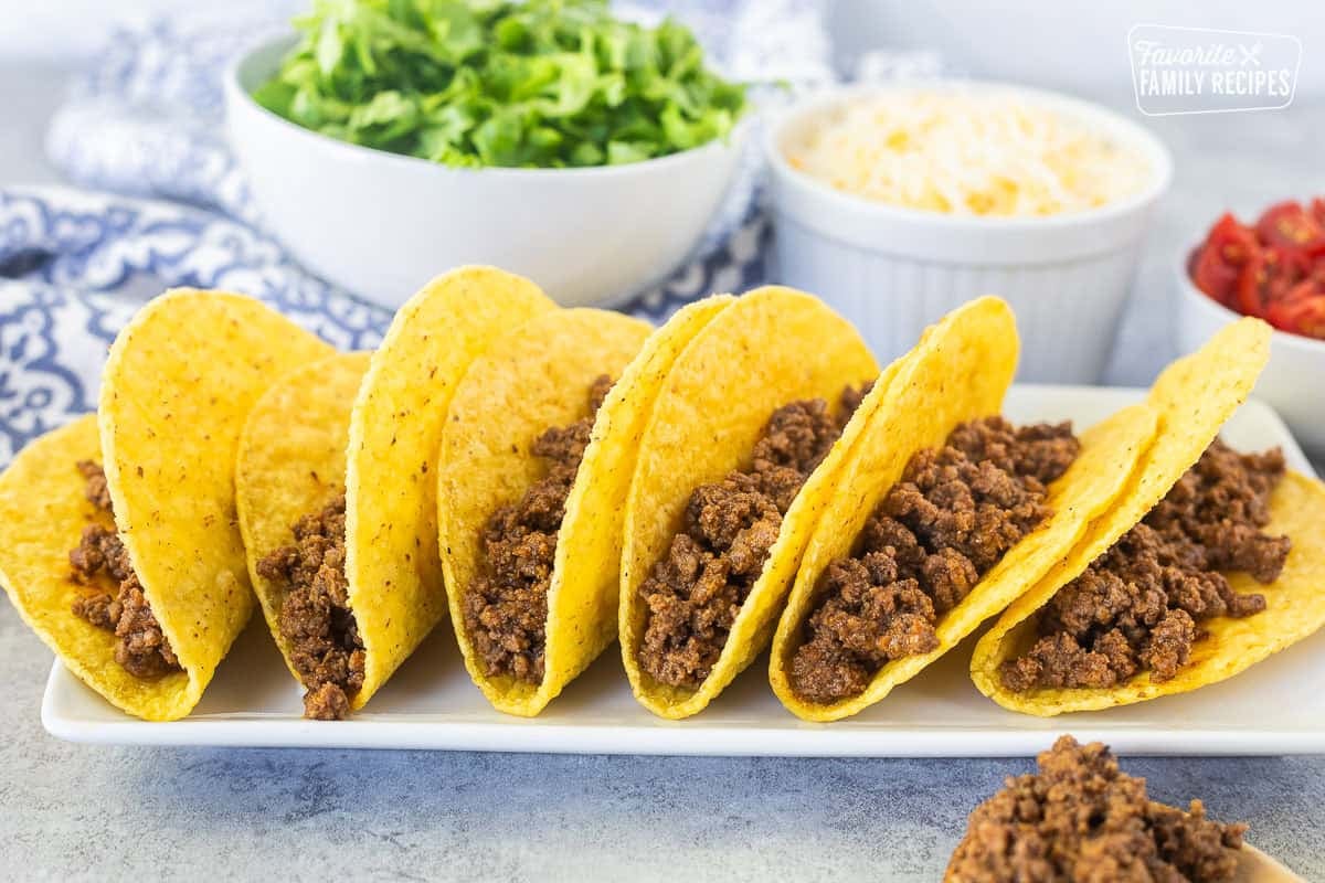 Crunchy taco shells with seasoned ground beef.