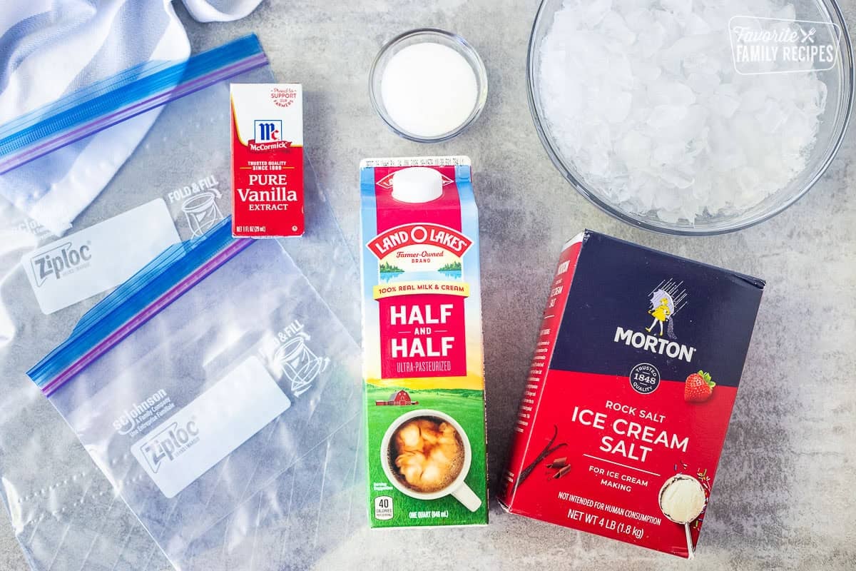 Ingredients to make ice cream in a bag including crushed ice, ice cream salt, half and half, sugar, vanilla, small ziplock bag and large ziplock bag.
