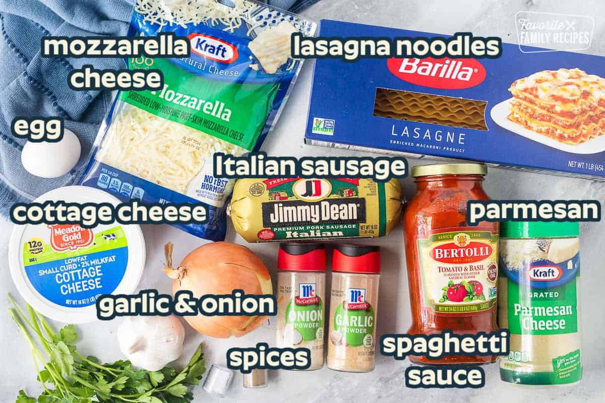 Ingredients to make Lasagna Roll Ups including lasagna noodles, tomato sauce, parmesan cheese, Italian sausage, tomato sauce, onion powder, garlic powder, parsley, garlic, salt, pepper, cottage cheese, mozzarella cheese and one egg.