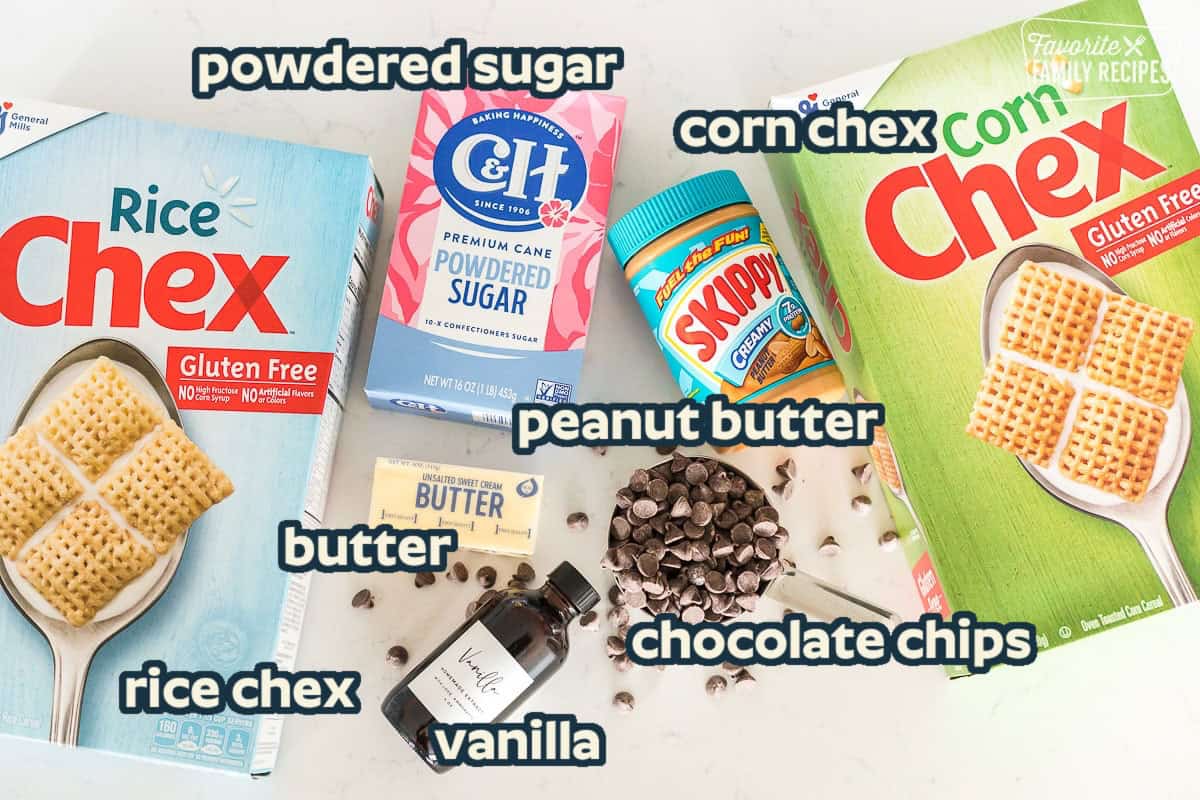 Ingredients to make muddy buddies including Chex, chocolate chips, and peanut butter