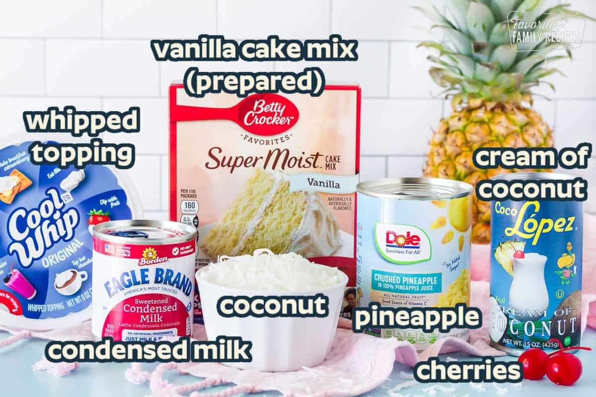Cool whip, cake mix, sweetened condensed milk, can of crushed pineapple, can of cream of coconut, coconut, pineapple and cherries to make Pina Colada Cake.