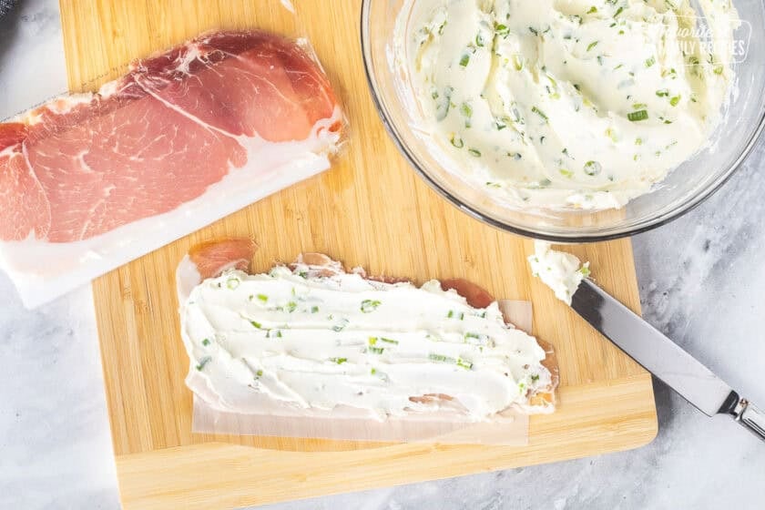 Prosciutto spread with cream cheese mixture on top.