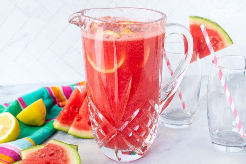 Pitcher with watermelon lemonade.