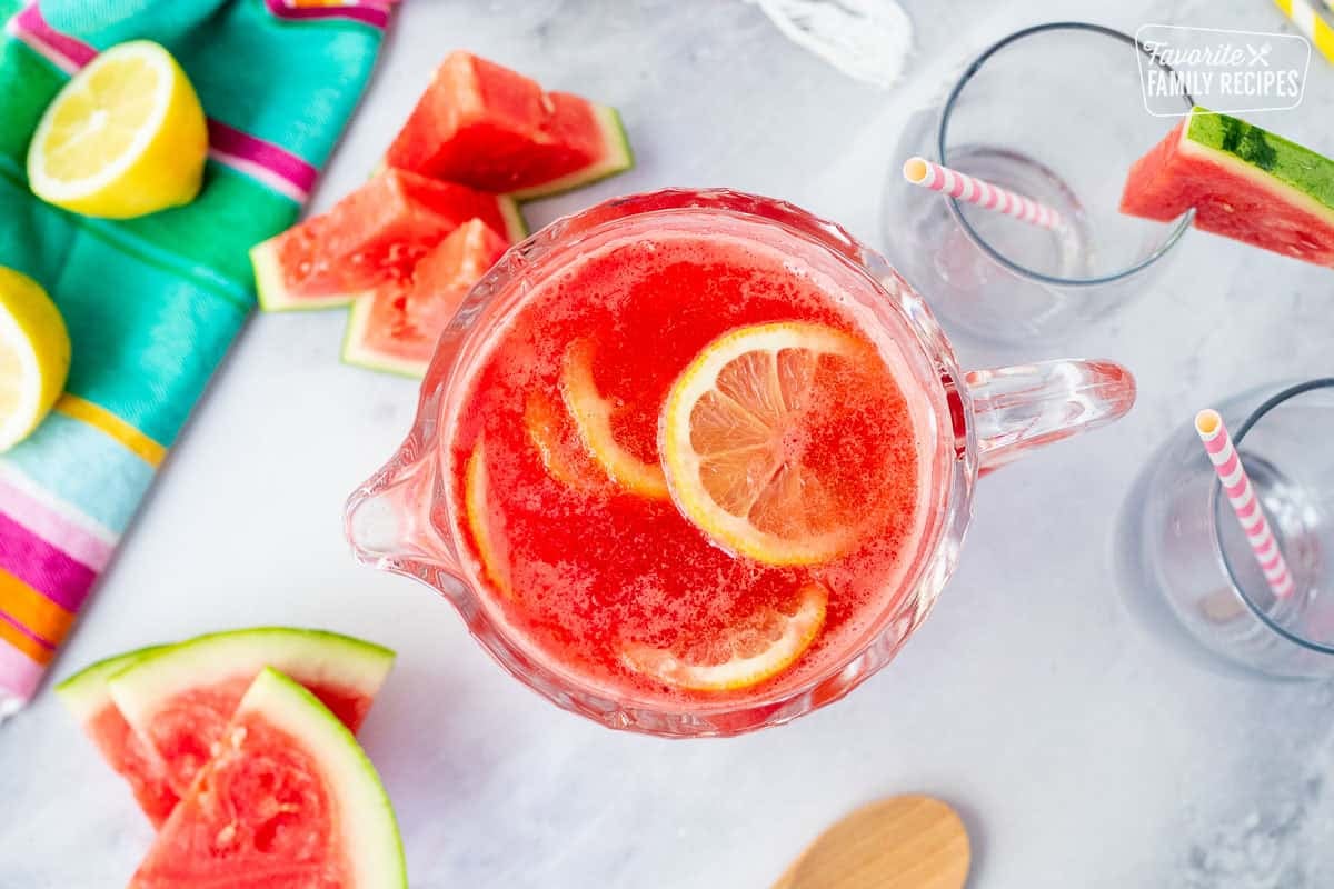 Watermelon lemonade in a pitcher.