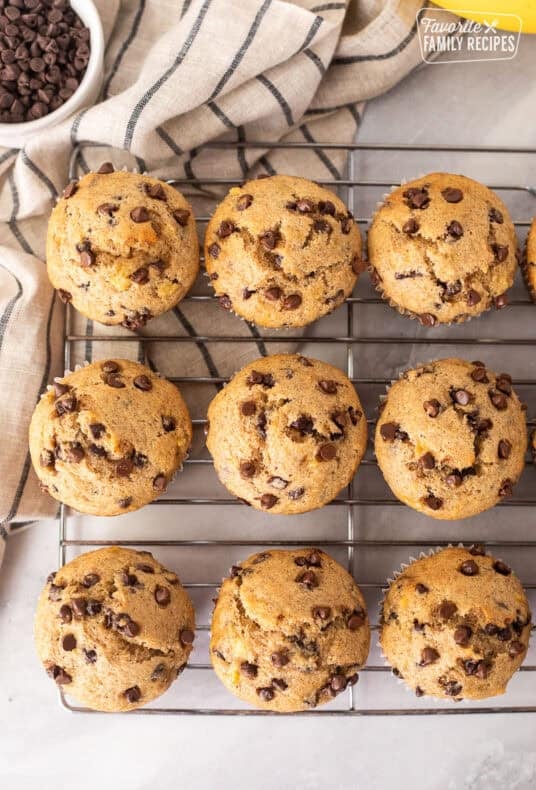 Banana Chocolate Chip muffins on a cooling rack.
