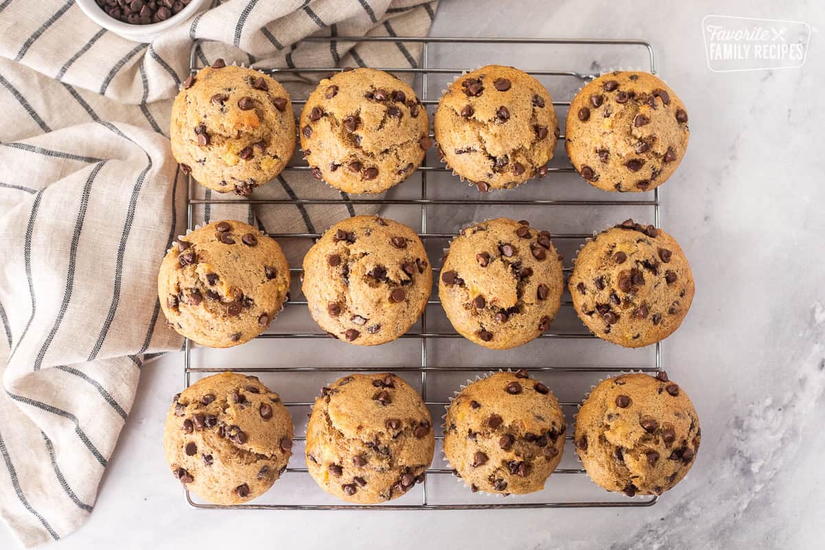 Banana Chocolate Chip muffins on a cooling rack.