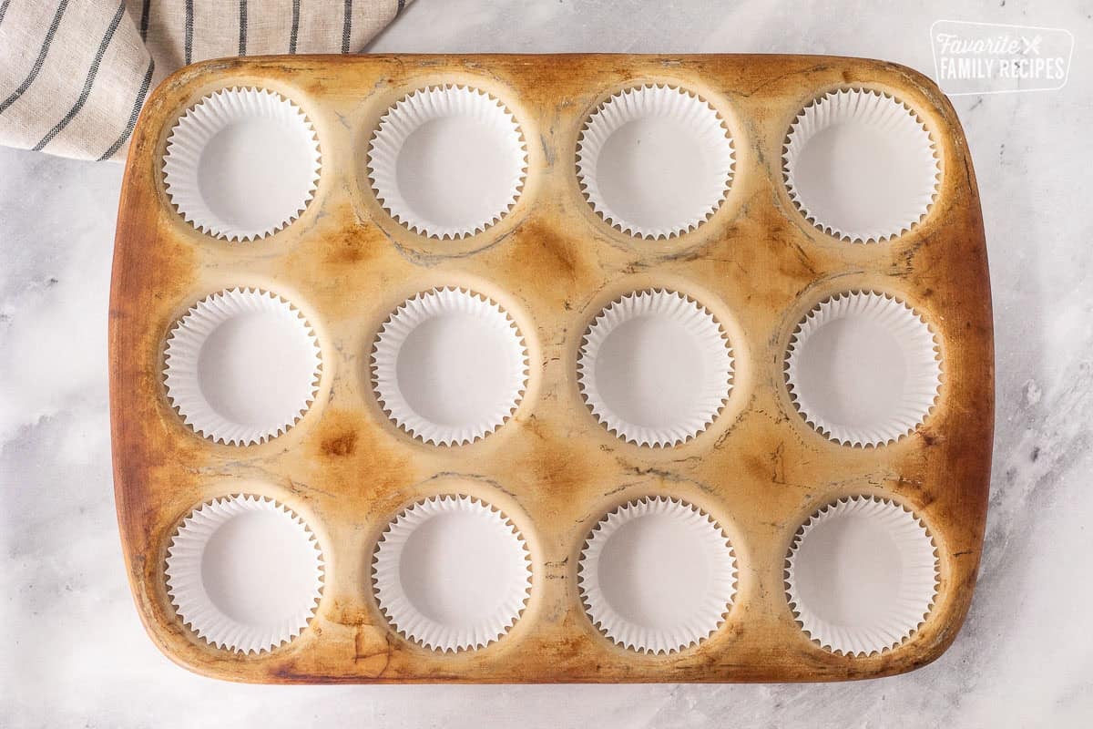 Muffin pan with twelve liners.