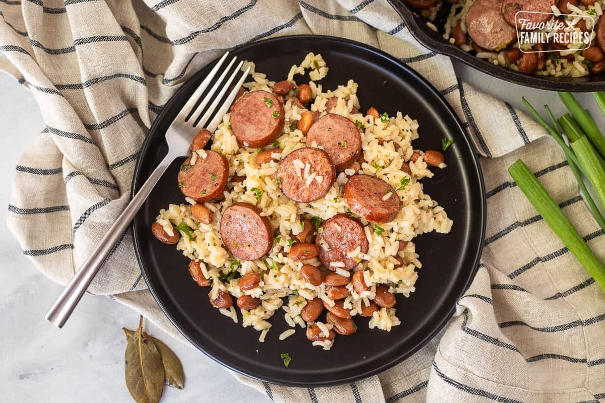 Plate of Brazilian Rice and Beans with a fork.