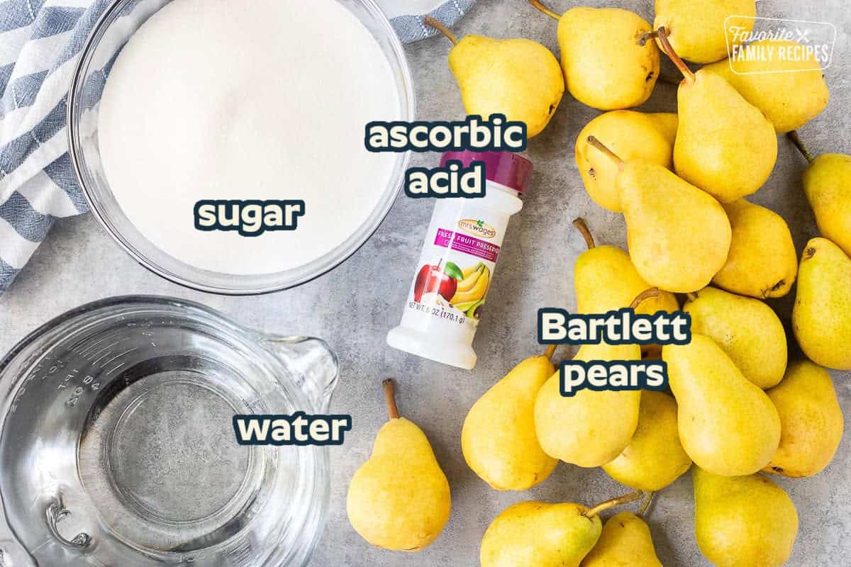 Ingredients to can pears including pears, sugar, fresh fruit preserver and water.