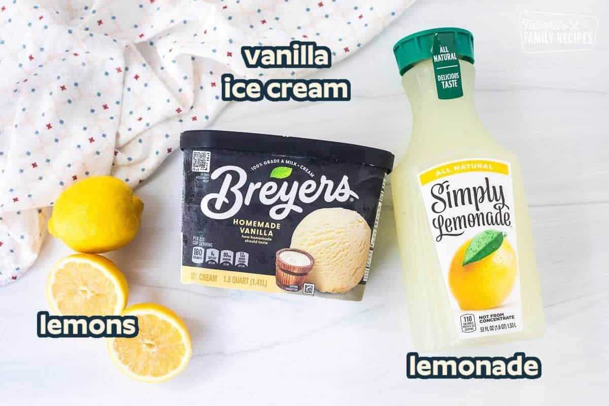 Ingredients to make Chick Fil A Frosted Lemonade including lemonade, vanilla ice cream and lemon.
