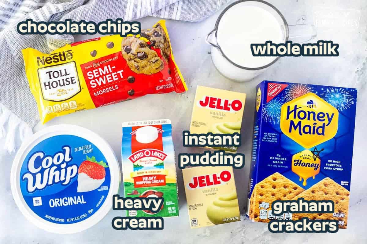 Ingredients needed to make Chocolate Eclair Cake: Graham crackers, vanilla instant pudding, Cool Whip, whole milk, chocolate chips, heavy cream