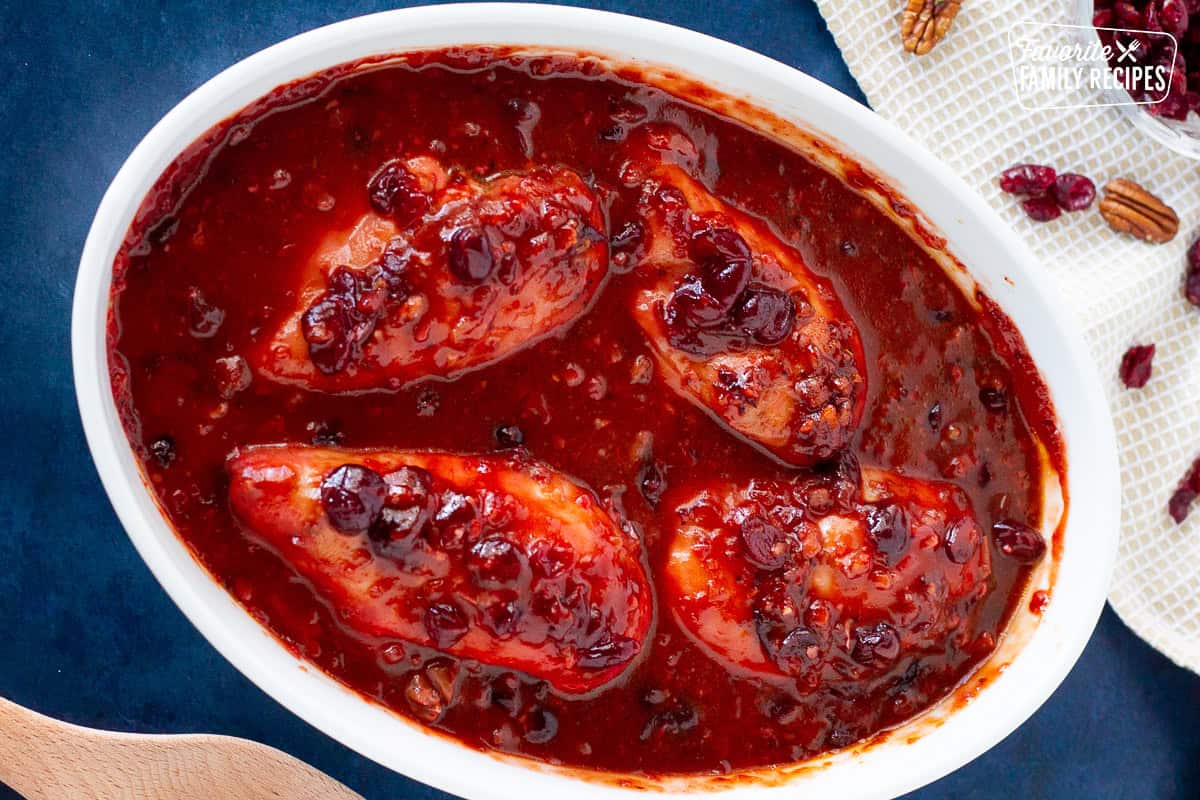 Glass baking dish with baked Cranberry Chicken.