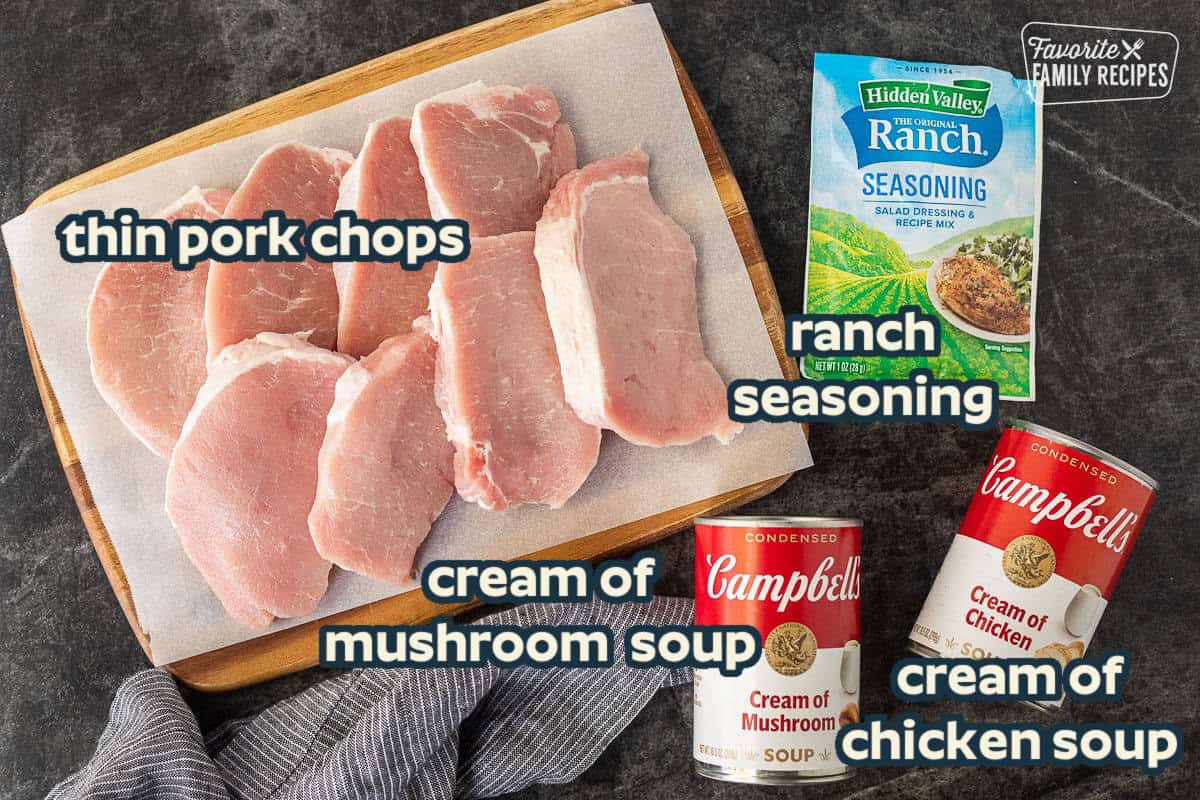 Ingredients to make Crock Pot Pork Chops: pork chops, Ranch seasoning, cream of mushroom soup, cream of chicken soup.