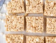 Cut microwave Rice Krispie treats on parchment paper.