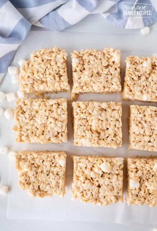 Cut microwave Rice Krispie treats on parchment paper.