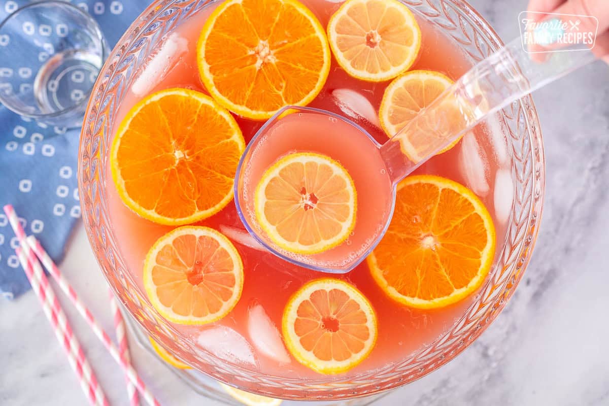 Ladle of party punch coming out of a large glass punch bowl with fresh lemon slices and orange slices.