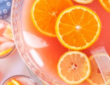 Ladle resting in a bowl of party punch with fresh lemon slices and orange slices.