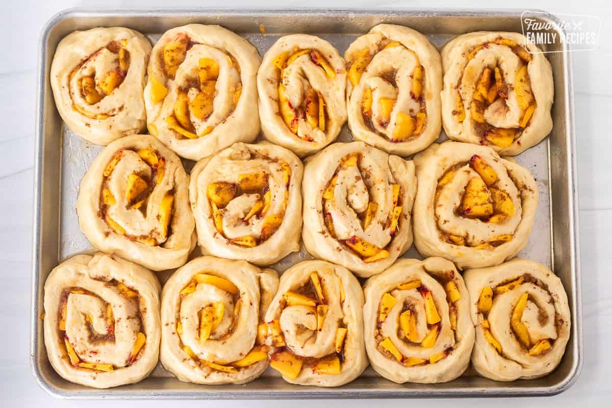 Sheet pan with rolled peach cinnamon rolls unbaked.
