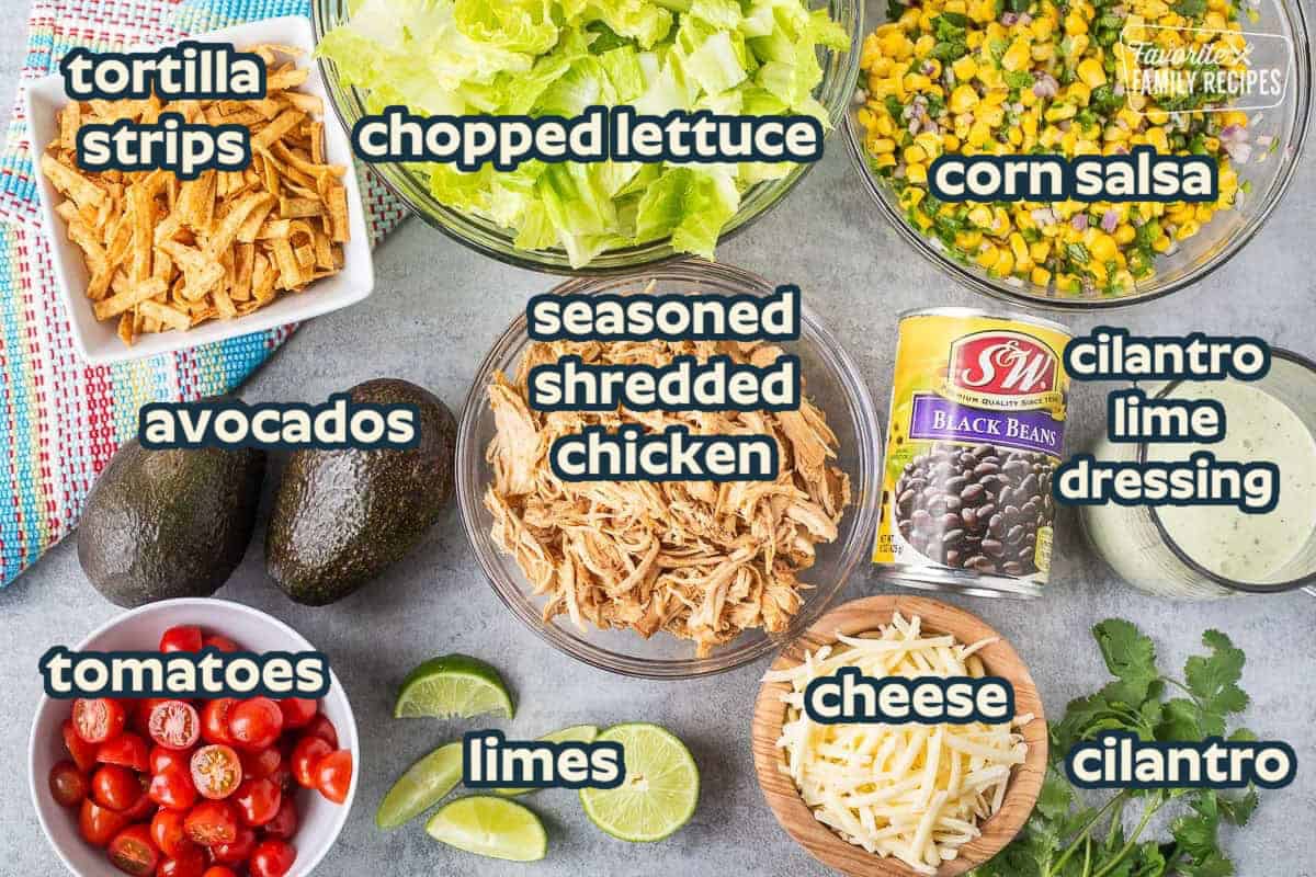 Ingredients needed to make southwest chicken salad including shredded chicken, corn salsa, lettuce, tomatoes, black beans, avocados and cilantro.