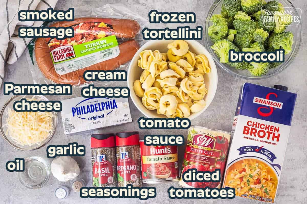 Ingredients to make Tortellini with Sausage including frozen tortellini, smoked sausage, broccoli, cream cheese, chicken broth, seasonings, tomato sauce, and parmesan cheese