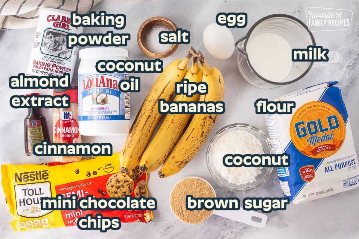 Ingredients in Banana Chocolate Chip Muffins: Ripe bananas, chocolate chips, egg, flour, coconut oil, cinnamon, brown sugar, baking powder, etc