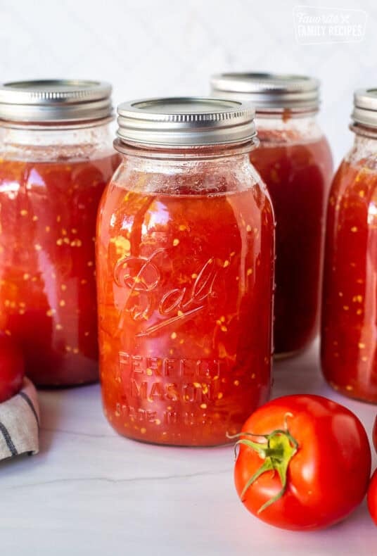 Canned diced tomatoes in jars.