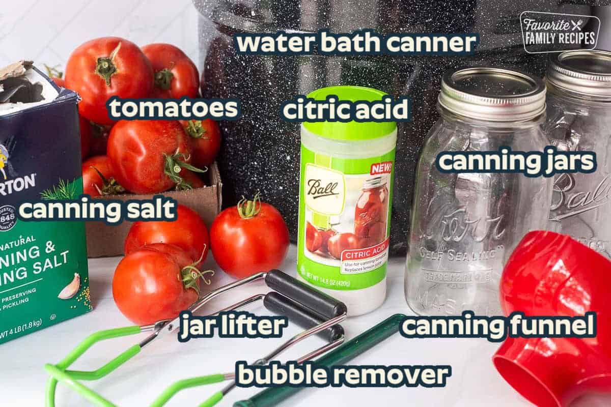 Ingredients to can diced tomatoes, including garden tomatoes, citric acid, and canning salt. Supplies include a water bath canner, canning jars, a funnel, jar lifter, and bubble remover.