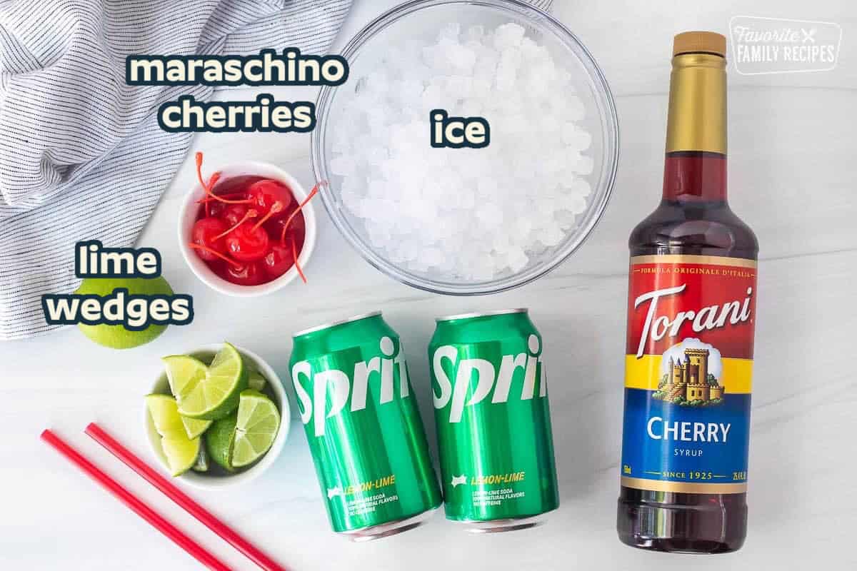 Cherry Limeade Ingredients: lemon lime soda, cherry syrup, maraschino cherries, ice, lime wedges