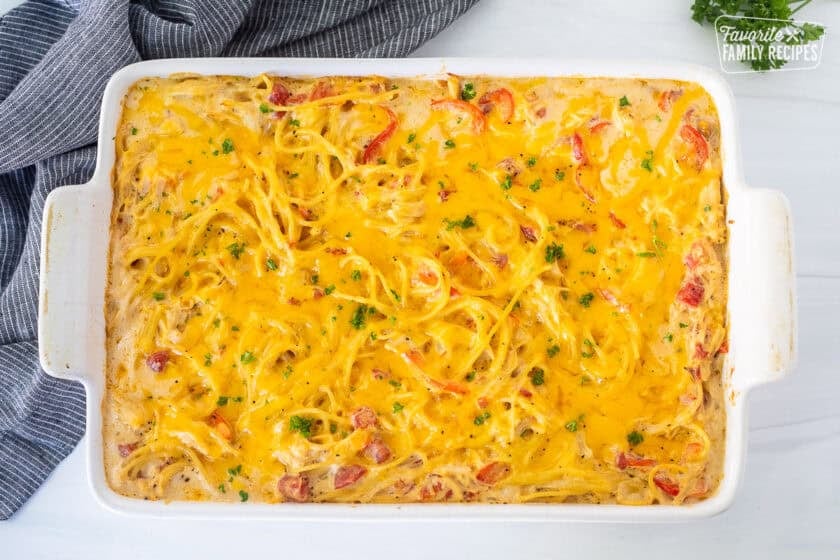 Casserole dish baked with chicken spaghetti casserole.
