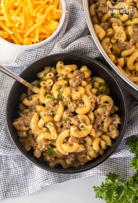 Bowl of homemade hamburger helper.
