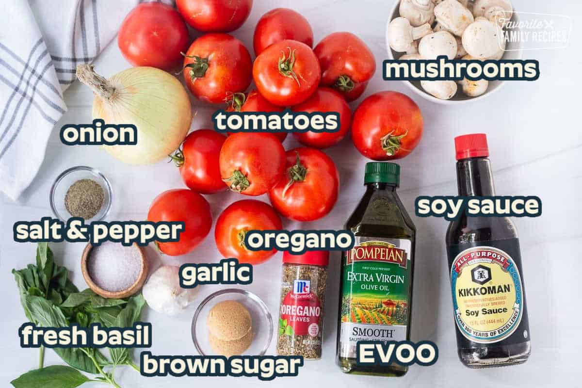 Homemade spaghetti sauce is my favorite thing to make with fresh garden tomatoes. This rich, hearty sauce is an instant favorite with anyone who tries it! Fresh tomatoes, basil, garlic, onions, mushrooms, olive oil, soy sauce, brown sugar, and spices for Homemade Spaghetti Sauce with Fresh Tomatoes.