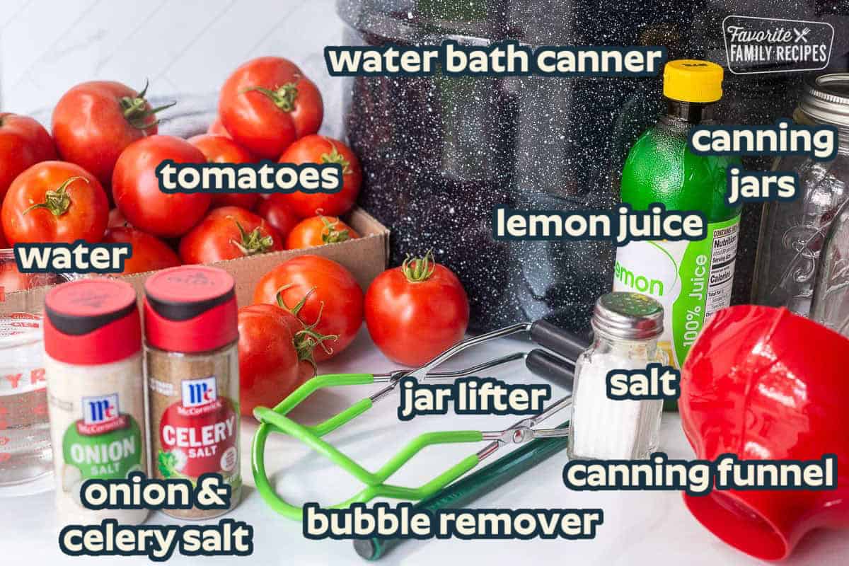 Ingredients to can homemade tomato juice, including garden tomatoes, lemon juice, salt, onion salt, celery salt, and water. Supplies include a water bath canner, canning jars, a funnel, jar lifter, and bubble remover.