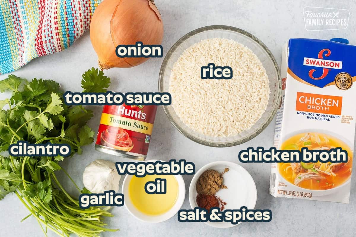 Ingredients to make instant pot Mexican rice including rice, chicken broth, spices, oil, tomato sauce, cilantro, onion, and garlic.