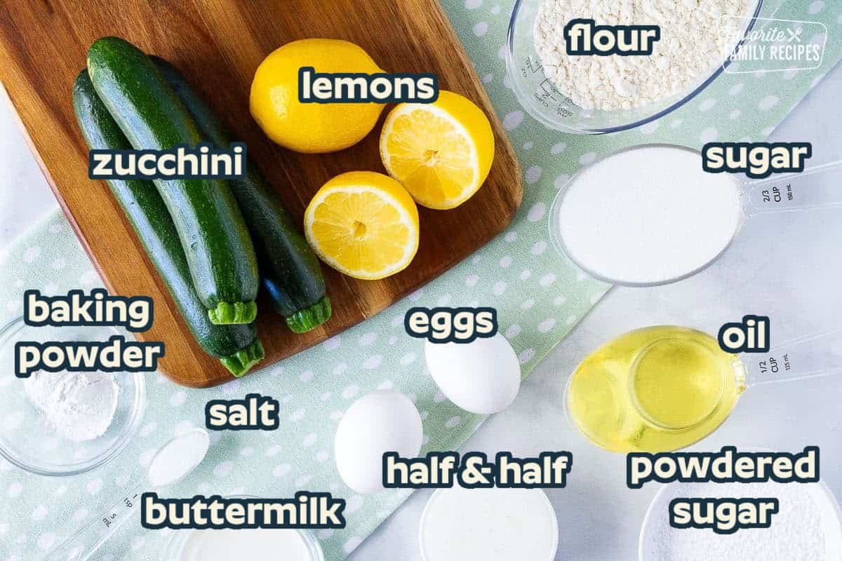 Ingredients needed to make Lemon Zucchini Bread: lemon, zucchini, flour, eggs, buttermilk, half and half, baking powder, oil