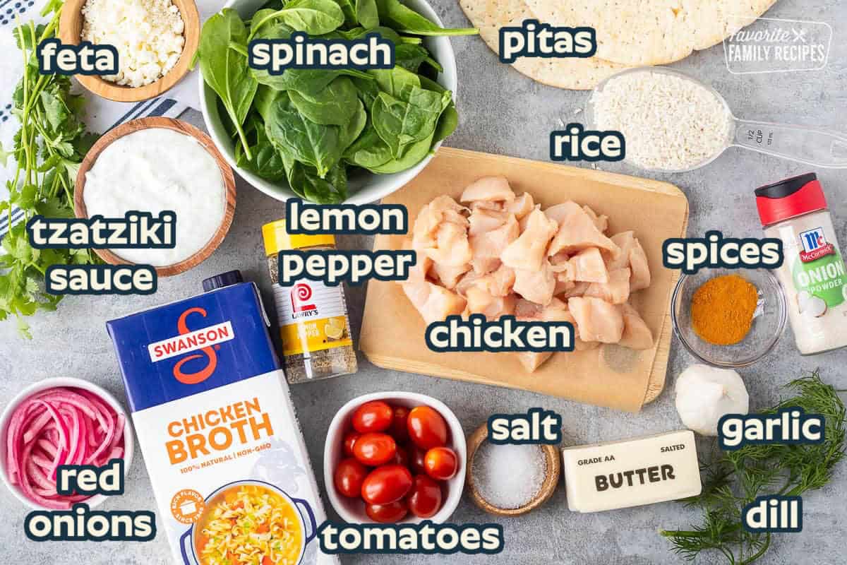 Ingredients to make Mediterranean Bowls including chicken, rice, onion powder, turmeric powder, garlic, dill, butter, salt, tomatoes, chicken broth, lemon pepper seasoning, pickled red onions, tzatziki sauce, feta, spinach, cilantro and pita bread.