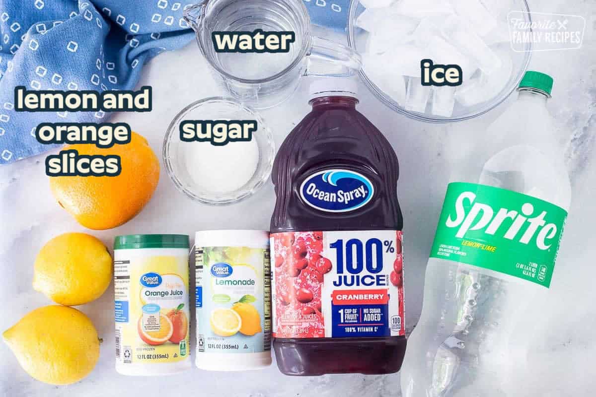 Ingredients to make party punch: cranberry juice, lemonade concentrate, orange juice concentrate, sugar, and lemon-lime soda
