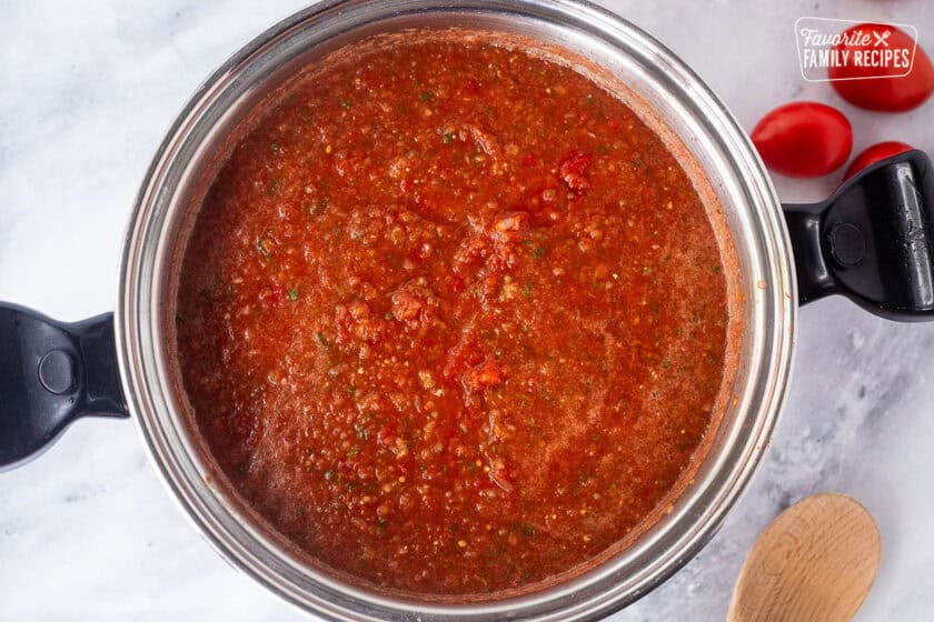 Combined ingredients for savory salsa in a large stockpot.